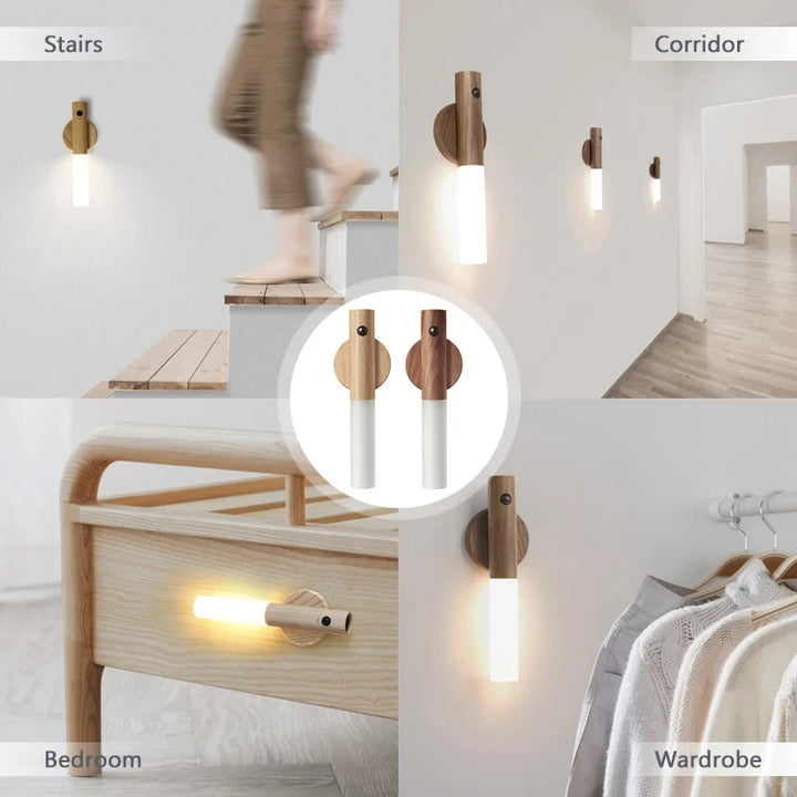 LED Rechargeable Imitation Wood Grain Sensor Light Night Light Handheld Magnetic Design Suitable For Closet  Bedroom Corridor